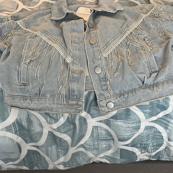 Joiemont Womens Denim Jacket with Fringe Rhinestones Long Sleeve Jean Coat - Picture 1 of 6